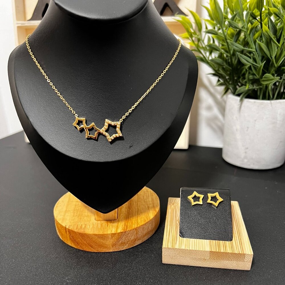 Stainless Steel Triple Star Pendant Neckless With Earrings Set